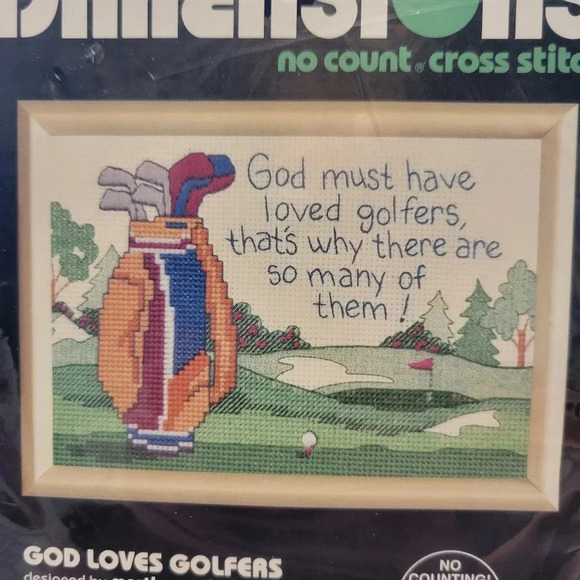Vintage 1993 Dimensions No Count Cross-stitch Kit, "God Loves Golfers" - Picture 2 of 5